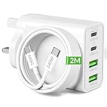65W 4-Port USB C Charger for MacBook Pro 16 15 14 13 inch, MacBook Air/Neo 13 inch, iPad, iPhone 17/16/15, Samsung S25 S26, GaN PD/PPS Super Fast Charging Plug UK Laptop Charger + 240W 2M Type C Cable