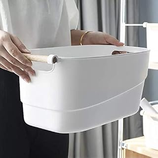 RyddeligHome Bathroom Storage Basket Box Large Organiser Container With Wooden Handle 15 litre For Kitchen Cupboards Bathroom Bedroom Pantry Mrs hinch - Pack of 1, White Plastic Decorative