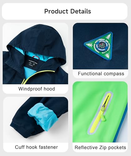 YOUNGSOUL Kinder Regenjacke mit Farbblock Mädchen Jungen Softshelljacke Übergangsjacke Win und Wasserdicht Windjacke mit Kapuze Dunkelblau DE: 116-122 (Herstellergröße 120)