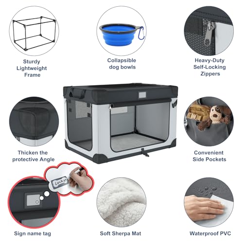 QUIBBLICK 30 Inch Portable Dog Crate, Collapsible Dog Travel Crate for Indoor and Outdoor Use, 3-Door Foldable Soft Kenne with Mesh Windows, Warm Blanket and Foldable Bowl by QUIBBLICK - Image 4