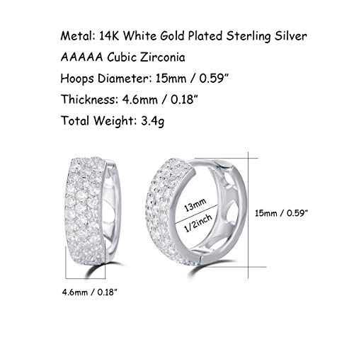Carleen 14K White Gold Plated Sterling Silver Pave Set Stunning Cubic Zirconia Cz Simulated Diamond Small/Tiny/Mini/Little Thick Huggie Cartilage Hoop Earrings For Women Girls, Diameter 15Mm Width 5Mm #TOP2