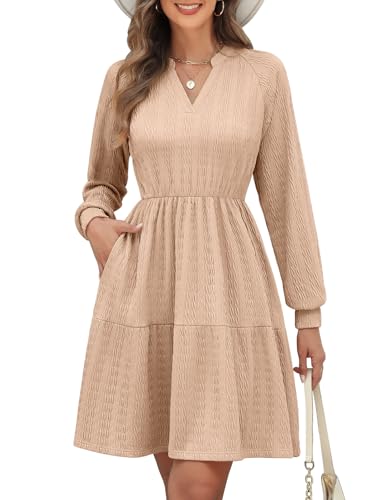 PASUDA Vestido Mujer Manga Larga Vestidos Elegante Midi de Punto Primavera Otoño Cuello en V Cintura Elástica Color Sólid A Line con Bolsillo Casual Festival Vacaciones (Caqui, M)