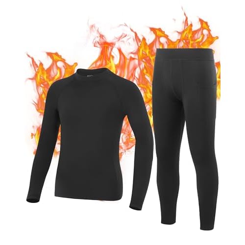 Roadbox Boys Thermal Underwear Set – Kids Fleece Lined Tops & Bottom Compression Soft Long Johns Base Layer for Skiing