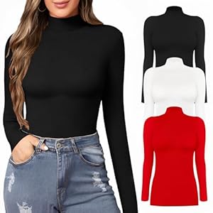 MANGOPOP Women’s 3 Piece Mock Turtle Neck Slim Fit Long Sleeve T Shirt Tight Tops Tee