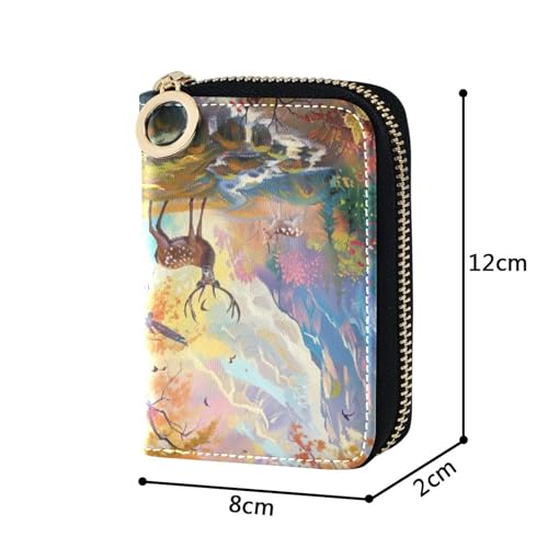 GAIGEO Credit Card Protector RFID Blocking Womens Wallets Leather Zip Around Zipper Coin Purse with Key Ring Deer Forest Landscape Painting3