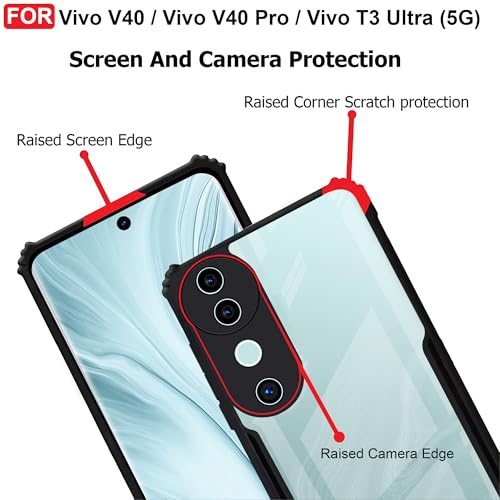 Image of CEDO Backcover for Vivo V40 /Vivo V40 Pro /Vivo T3 Ultra (5G) | Camera Protection Shockproof Bumper-Edge | Acrylic Crystal Clear 360 Degree Protection TPU+PC | Transparent Eagle Back Case Cover (Black)