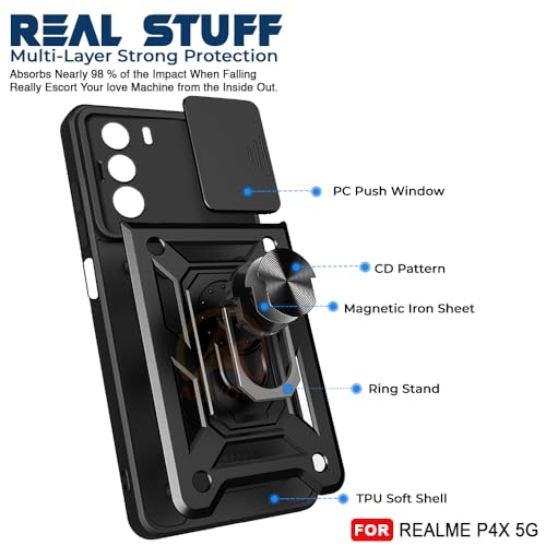 Image of Armor Bumper Back Cover Case for Realme P4X 5G Rotating Camera Cover, Ring Holder & Kickstand | Heavy Duty & 360 Degree Protection Realme P4X 5G Back Cover (Black)