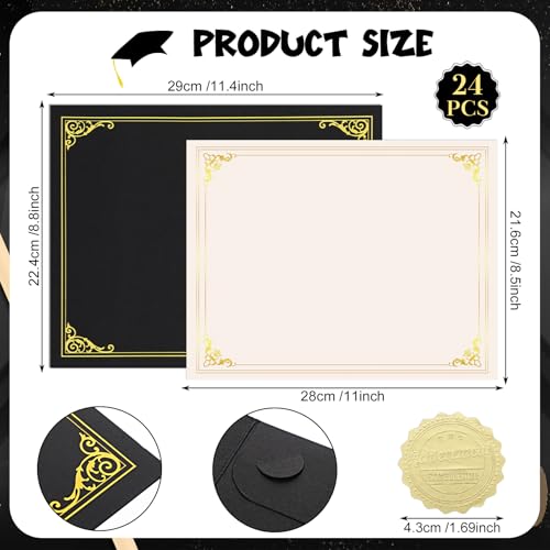 WSICSE 72 Pcs Certificate Kit, Includes 24 Pcs Black Certificate Holders & 24 pcs Letter Size Certificate Papers & 24 pcs Gold Foil Award Seals for 8.5 x 11 Inch Diploma Graduation Documents - Thumbnail 2