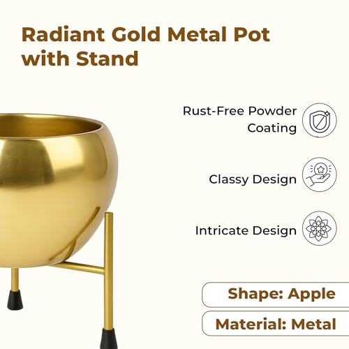 Image of NATURAL EARTH Gold Metal Flower Pot & Stand with Free 1 KG Organic Vermicompost Fertilizer | Decorative Indoor Outdoor Plant Pot | Golden Finish Planter for Home Garden Decor