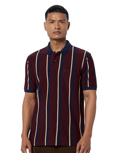 Image of Peter England Men's 100% Cotton Vertical Striped Polo T-Shirt - Casual Wear | Sleek & Comfortable