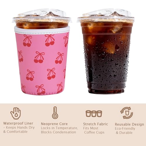 Image of Reusable Insulated Sleeve for Iced Coffee Cup, 3-Pack Coffee Neoprene Drink Sleeve for Cold & Hot Drinks, Beverage Holder for Iced Coffee (Pink Cherry Bows)