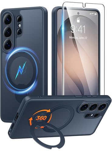 Image of FNTCASE for Samsung Galaxy S26-Ultra Case: [360 Spin Magnetic Stand] [Compatible with Magsafe] [Screen Protector] Translucent Matte Military Grade Shockproof Full Camera Phone Cover - Deep Blue