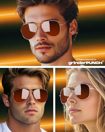 Image of grinderPUNCH Polarized Aviator Sunglasses Men Women 70s Retro Costume UV400 | Polarized UV400 Aviator, 70s Retro Gold Metal Frame, Classic Pilot Style, Costume and Fashion, for Men and Women
