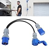 32A Plug to 2 x 16A Sockets, 2 Way Heavy Duty Power Splitter Caravan Hook Up Cable, Electric Caravan Adapter Converter Lead Camping Electric Hook Up Cable IP44 Splitter Socket, 0.5M Black Cable