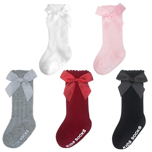 Image of Baby Knee High Socks Girl Non Slip Toddler Stockings Cotton Bow Ruffle Newborn Long Socks Infant Dress Sock 0-6M/6-12M/1-3Y