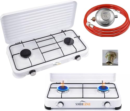 SMH LINE® Réchaud à gaz de camping - 2 feux - Avec tuyau et régulateur - 4,4 kW - Plaque de cuisson - Bouteille de gaz - Réchaud d'extérieur - Réchaud de table...