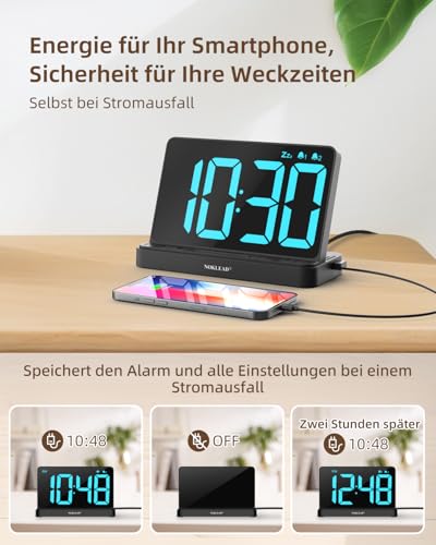 NOKLEAD Digitaler Wecker mit Großem 6,5\ RGB Farbwechsel Display, Netzbetriebene Nachttischuhr mit USB Ladeanschluss, Stufenloser Dimmer, Dual Alarm & Schlummerfunktion für Schlafzimmer