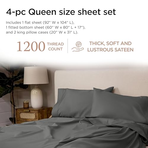 Image of Threadmill 1200TC Supima Cotton Queen Sheet Set, Sateen, Dark Grey, 4-Piece | 100% Supima Cotton, Sateen Weave, 4-Piece Set, 17 inch Deep Pocket, All-Around Elastic, Fade-Resistant, Hotel Quality
