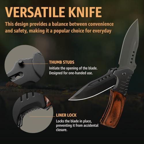 Pocket Knife for Men with Wood Handle & Glass Breaker & Pocket Clip - 3.66" Sharp Blade - Cheese Knives - Folding Knife for Men Women Hunting Camping Military Tactical Survival Hiking Work EDC 0207