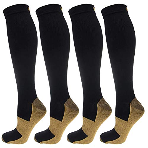 4 Pairs of Ontel Copper-Infused Anti-Fatigue Compression Knee-High Health Socks, For Men & Women Small Medium