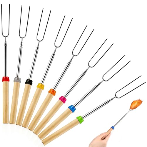 Maylatte 8 brochetas telescópicas para hogueras, acero inoxidable, 31-81 cm, para hogueras, con asas aisladas, accesorios para camping y barbacoa