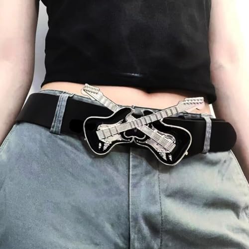 Leather Belt for Men Women, Vintage Leather Waist Belt with Guitar Buckle Punk Rivets Belt Western Leather Belt for3