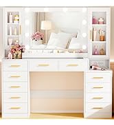 Hexcelen Kaptafel met Ovale Spiegel, Kaptafel met 10 LED-lampjes, LED-verlichting met Instelbare Helderheid, Make-up Bureau, 3 Laden en 6 Open Planken, 40 × 90 × 144 cm Wit