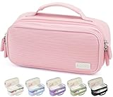 Sooez Large Pencil Case Pouch, Soft Corduroy Pencil Bag with Handle, Cute Pen Case, 5 Compartments, Wide Opening Pen Pouch Organizer with Zipper, Aesthetic School Supplies for Girls Women, Pink