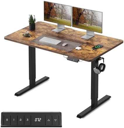 FEZIBO Electric Standing Desk, 100 x 60 cm Electric Lift Table with Memory Functions, Ergonomic Height Adjustable Standing Desk, Brown