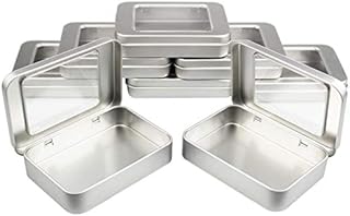 Goodma 8 Pieces Rectangular Metal Empty Hinged Tins Home Storage Containers Organizer Mini Box with Clear Window Lid, 10 x 7 x 2 cm (Silver)