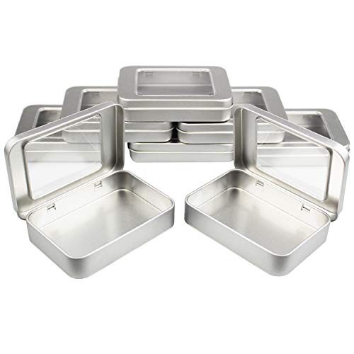 Goodma 8 Stück Rechteckiges Metall Leere Klappdosen Home Storage Container Organizer Mini Box mit klarem Fensterdeckel, 10 x 7 x 2 cm (Silber)