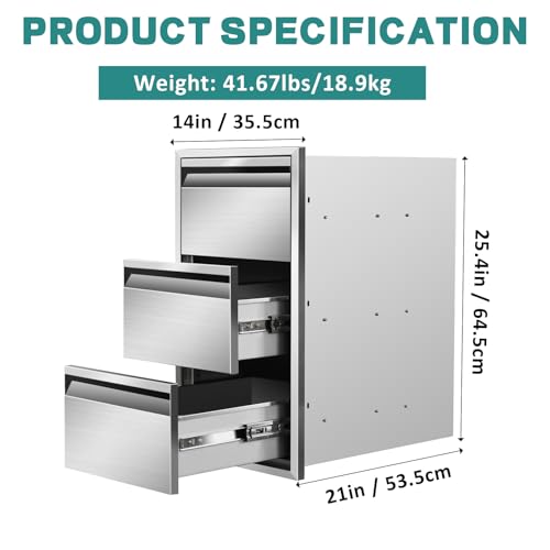 Image of Outdoor Kitchen Drawers 14 inch W x 25.4 inchH x 21 inchD Stainless Steel Drawer BBQ Triple Drawers with Hidden Handle for Outdoor Kitchen Island, Patio Grill Station