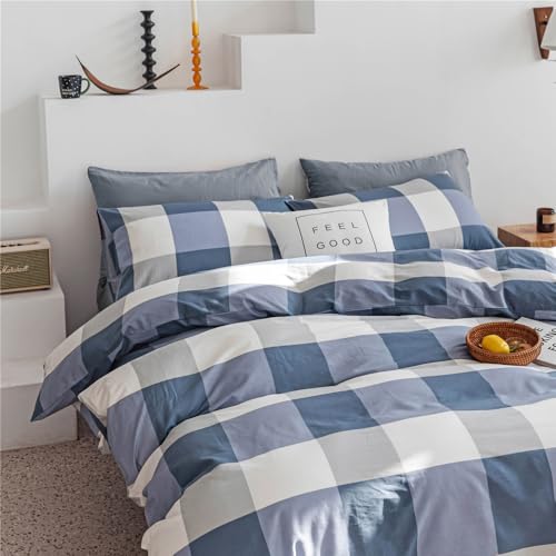 Image of Queen Comforter Set Modern Style Checkered Pattern Comforter Set Boho Farmhouse Blue White Grey Geometric Plaid Comforter with 2 Pillowcases Soft Fluffy 3 Pieces Lightweight Bedding for All Seasons