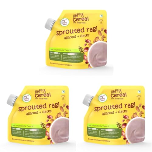 Image of Happa Ragi Almonds Dates Organic Cereal for Babies | Only 3 Ingredients | No Sugar, Oil, Milk Powder, Flavours or Colours | Traditional Porridge Recipe | Cooks in 3 Minutes | Stage 2 (6 Months+) | 200g Pack