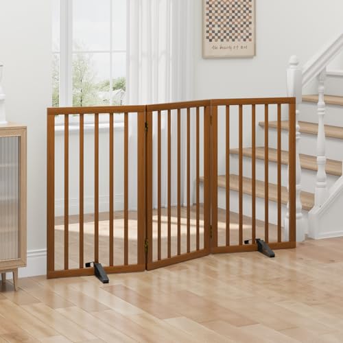 Dog Gates for Doorways, Tall Dog Gate Indoor, Foldable Pet Gates for Doorways Bedroom, Freestanding Puppy Gate with Metal Support Feet, Room Divider,3 Panels (Walnut) - Image 5
