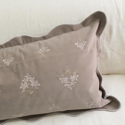 BlissBlush Long Lumbar Pillow Cover 14x36 for Bed, Taupe Velvet Decorative Lumbar Pillow Cover, Floral Accent Cushion Cover with Embroidery and Scalloped Edge for Couch Sofa Bed, Cover ONLY - image 7