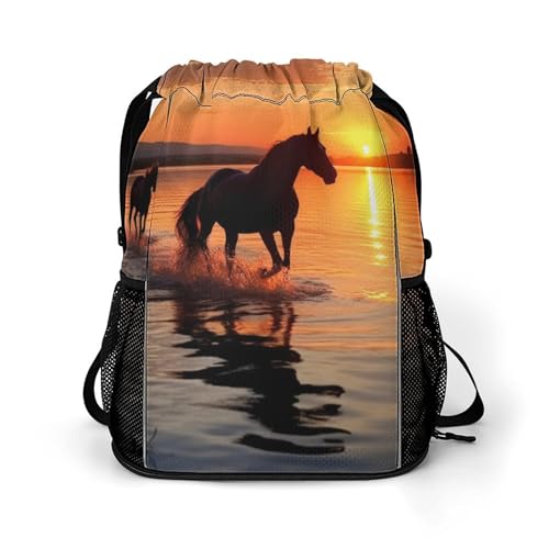 Drawstring Backpack Sports Gym Bag Resistant Sackpack Sunsets Lake Horses String Bag for Women Men