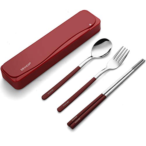 DEVICO Travel Utensils 188 Stainless Steel 4pcs Cutlery Set Portable Camp Reusable Flatware Silverware Include Fork Spoon Chopsticks with Case Red