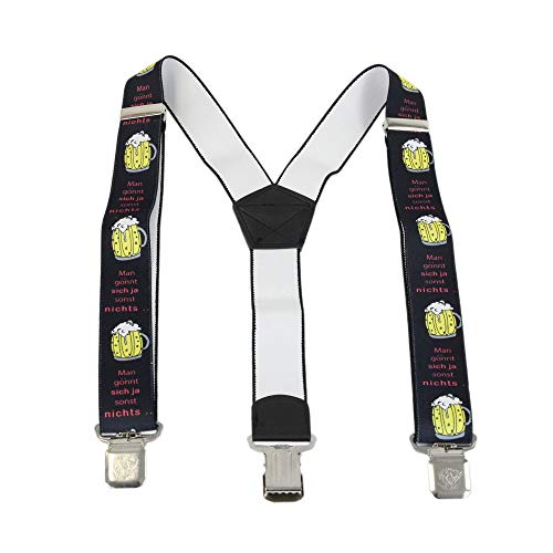 Leoodo Bretelles larges en forme de Y pour pantalon de travail, pantalon de ski, pantalon de moto, avec 3 clips forts et différents motifs, Bière noire, taille unique Cover