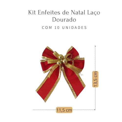 Kit 10 Enfeites de Natal Laço Dourado 11,5 x 13,5cm - Decoração Natalina para Arvore Porta Lareira