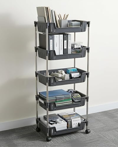 Image of JD FRESH 5-Tier Multi Storage Rack for Home & Kitchen /360-Degree Rotating Wheels with Breathable Kitchen Shelf Storage Rack /Plastic Rolling Cart for Kitchen, Bathroom, Office & Living Room (Black)
