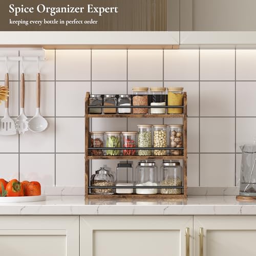BCOZLUX Spice Rack Wall Mounted, Wood 3 Tier Spice Rack for Countertop, Vertical Spice Organizer for Spice Jars and Seasonings, Hanging Spice Shelf for Kitchen Cabinet, or Pantry, Rustic Brown by BCOZLUX - Used condition - Image 3
