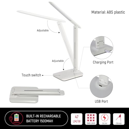 Lampe de bureau pliable TEKLED tactile et variable avec chargeur USB