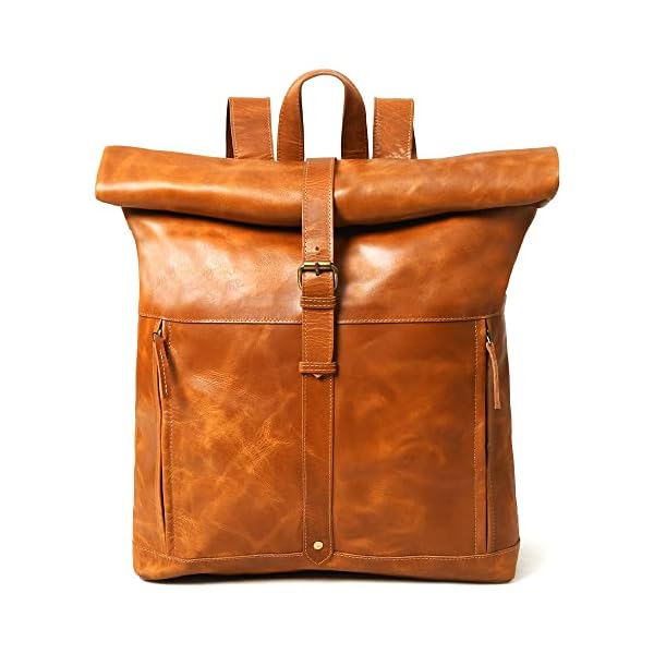 Gratlin Buffalo Leather Roll On Laptop Backpack 16 Inches | Vintage Genuine Rucksack Backpack for Men & Women | Best Full Grain Tan Leather Backpacks Book Bag Knapsack for Travel Hiking Use