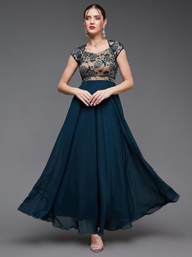 Image of Miss Chase Women's Round Neck Cap Sleeves Lace Knee -Long Skater Dress