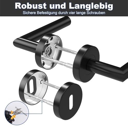 KeZaara Türgriffe Drückergarnitur 4 Paar, Türgriffe Innentüren Mattschwarz, Türklinke aus Edelstahl mit Gerundet Rosette Ø 52mm, Türbeschlag für Zimmertüren von 20mm bis 55mm, L-Form, BB-Buntbart
