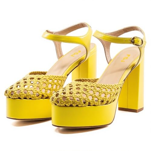 FSJ Women Closed Toe Woven Sandals Summer Platform Chunky High Heel Ankle Strap Chic Hollow Braided Breathable Wedding Shoes Size 4-16 US4