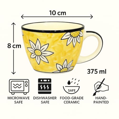 Image of KITTENS Ceramic Mug Set of 4 - 375ml | Yellow Floral Hand-Painted Design | Microwave & Dishwasher Safe | Food Grade | Tea, Coffee, Snacks | Ideal Gift for Home, Office & Festive Gifting