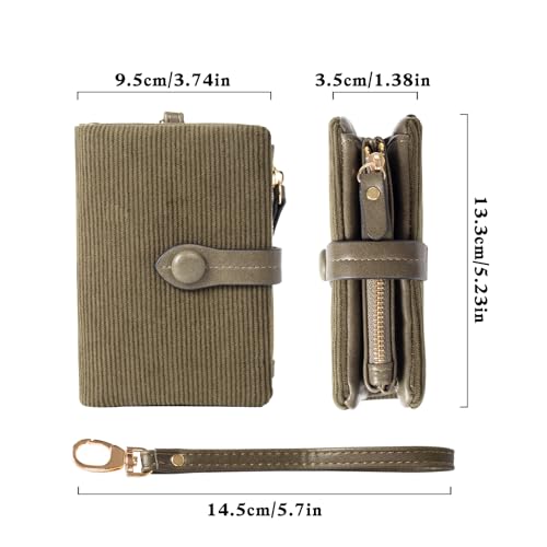 Womens Trifold Leather wallet Rfid blocking Ladies Wristlet with Card holder id window Coin Purse for Women,Corduroy Trifold Wallet Clutch（Dark Green）2