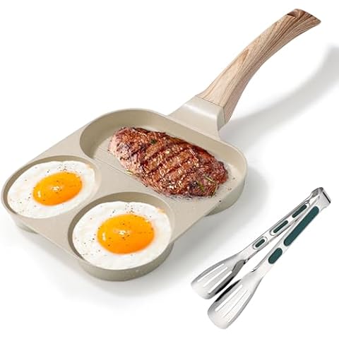 Egg Pan Japanese Omelet Maker 3 Section Square Grill Pan Egg Pan Nonstick for Breakfast Pancake Compatible with Gas Stove and Induction Cooktop Egg Frying Pan 7.4 inch (white) (Style1) Cover
